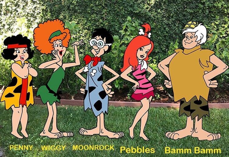 cartoon characters from the flint family standing in front of some bushes and trees with their hands on their hipss