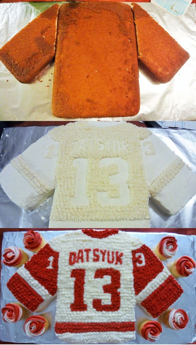 three cakes made to look like sports jerseys