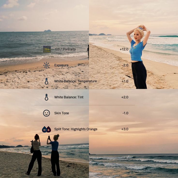 two women are standing on the beach with their hands up