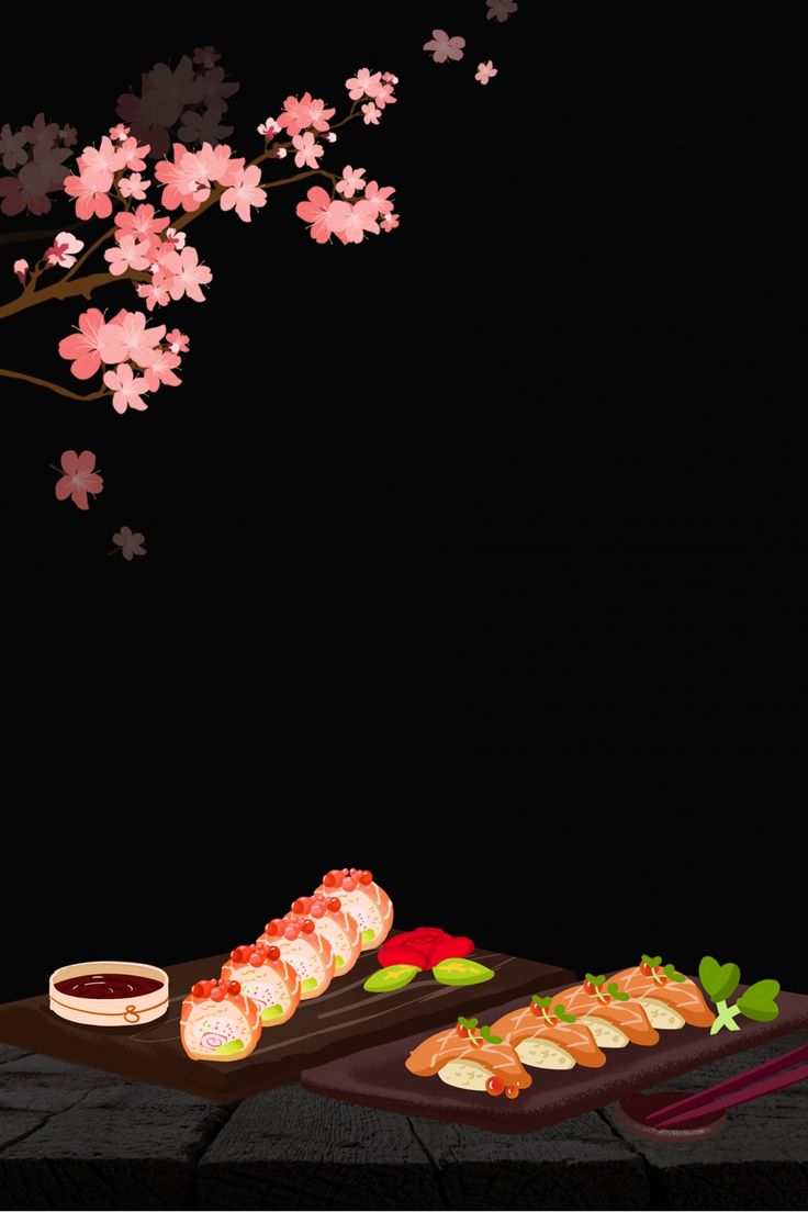 a table topped with sushi and chopsticks next to a vase filled with flowers