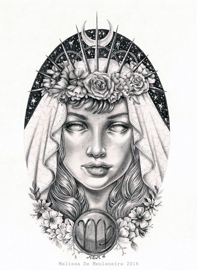 a drawing of a woman's face with flowers in her hair and the moon above her head