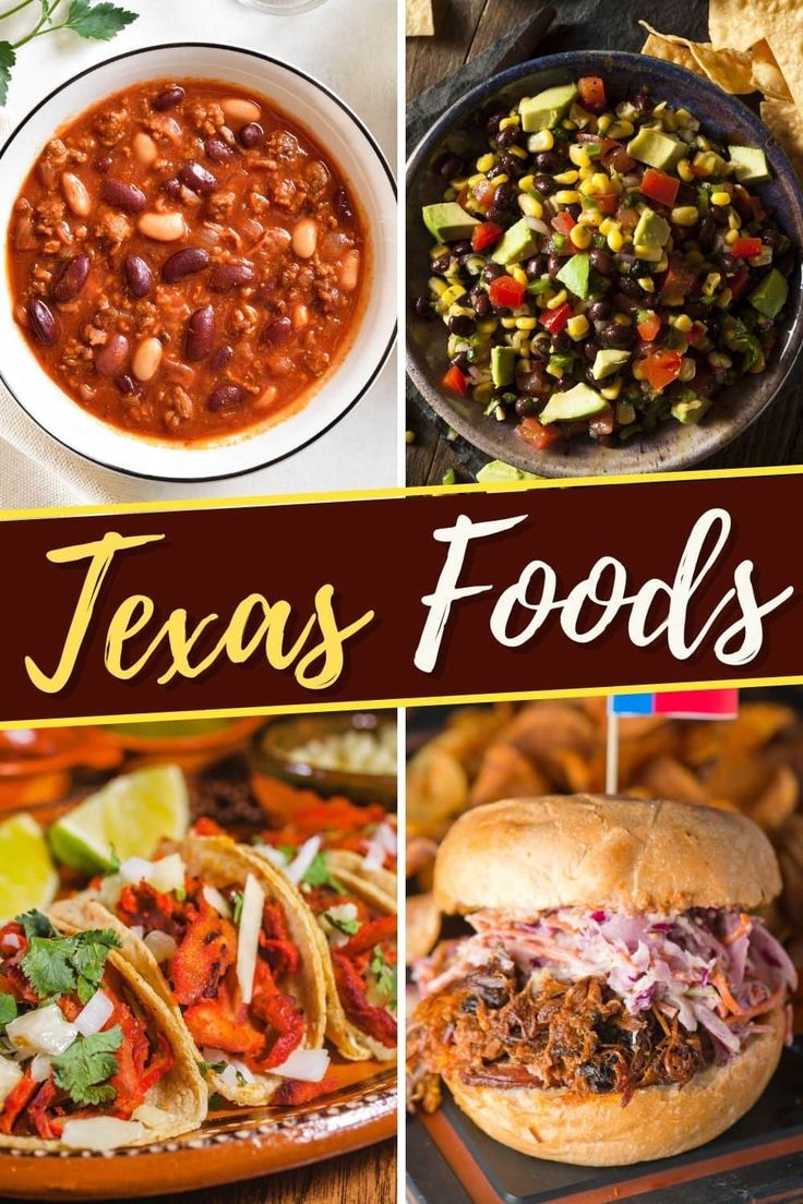 texas food collage with text overlaying it in red and white colors, including beans, tortillas, cornbreads, salsa, mexican style