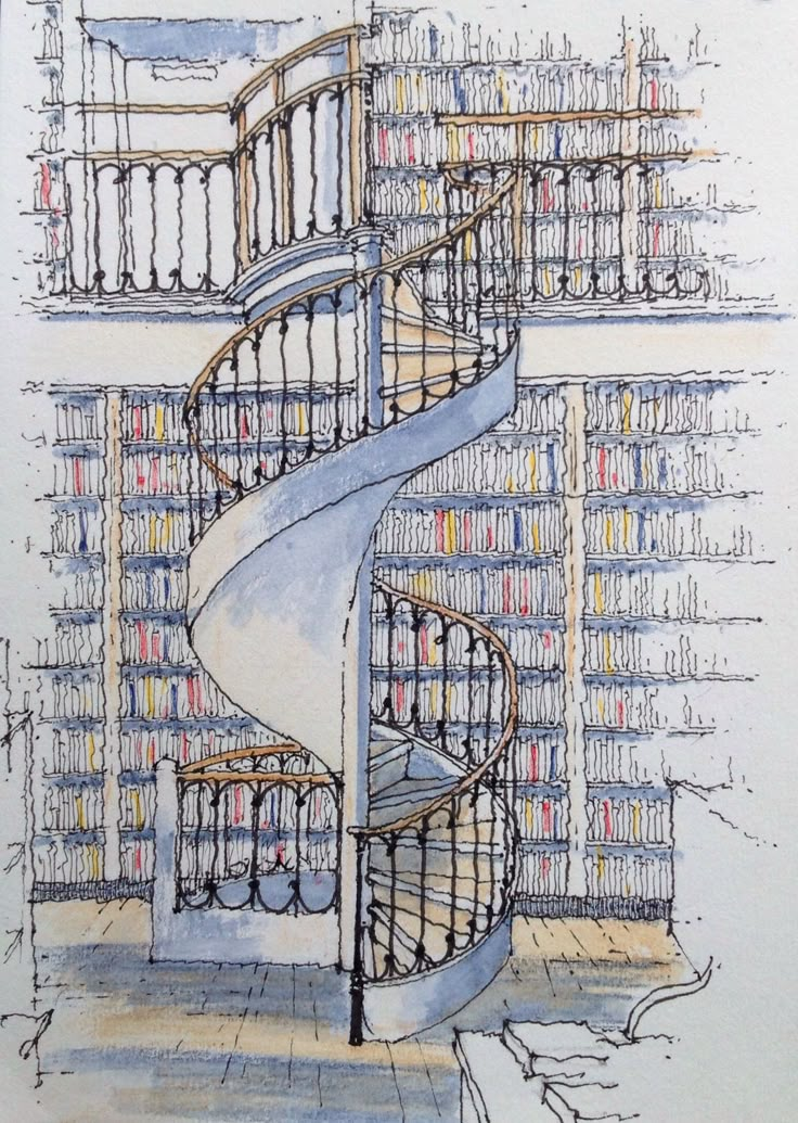 a drawing of a spiral staircase in a library