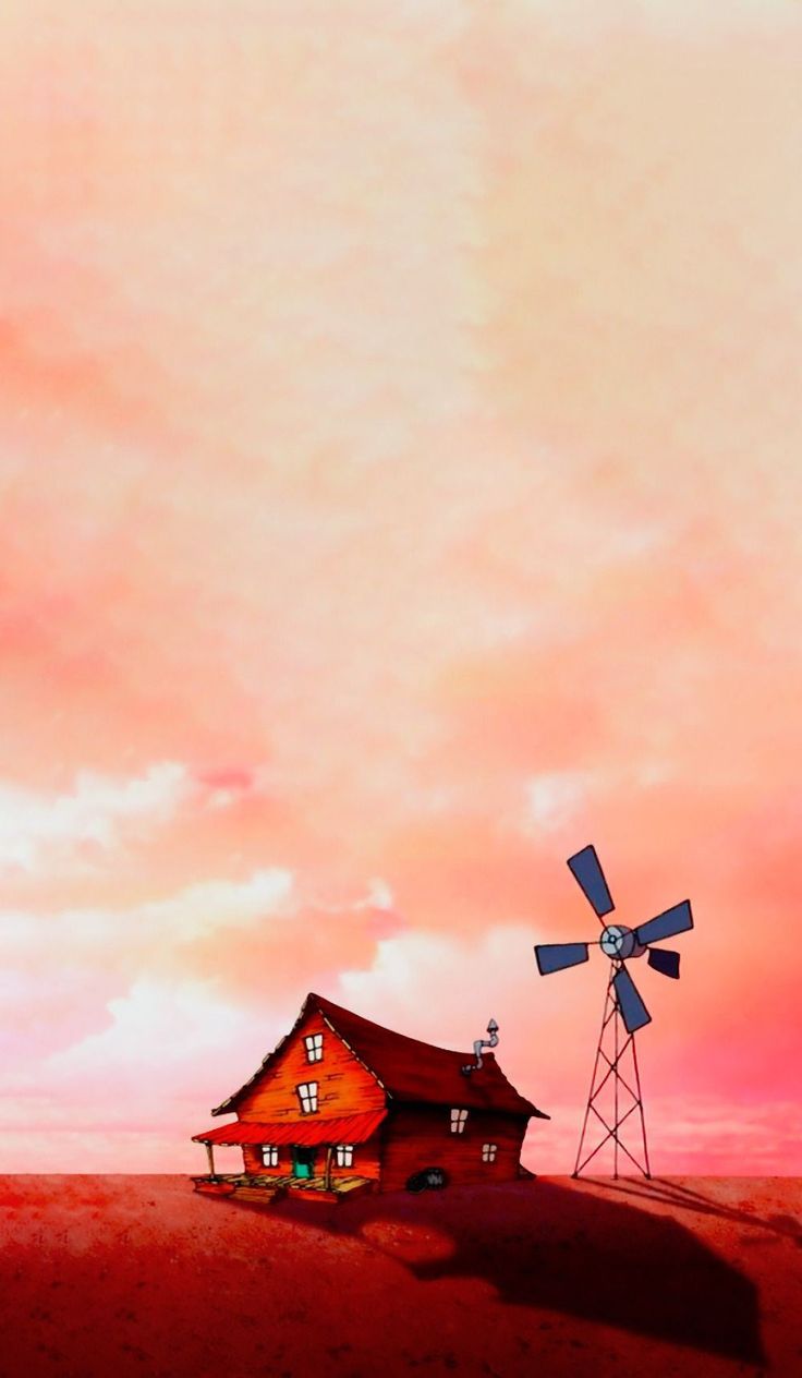 a painting of a windmill and a red house in the middle of an empty field