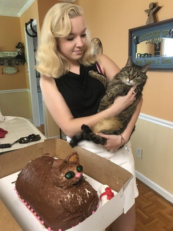 a woman holding a cat in her arms next to a box with a cake on it