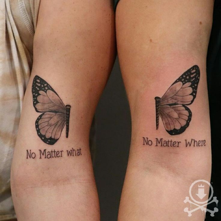 two people with tattoos on their arms that say no matter what they are, and one has a butterfly