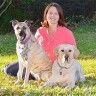 a woman sitting in the grass with two dogs and one dog is on her lap