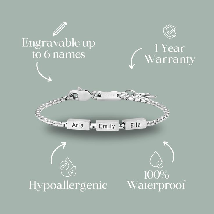 Engraving bracelet for men - Brian Silver. A silver bracelet with a rectangular engraved plate, an exciting and meaningful gift. Each name add a bead You can engrave the names of your children\your names\date etc. High-quality bracelet resistant to shower, sea and pool This product is water resistant 100% handmade SKU : MP320 Size : The size of the bracelet - 18 cm. The thickness of the bracelet - 2.5 mm. The size of the engraving plate - 10*5 mm Silver​​ Material : stainless steel Engraving Bracelet, Chains Necklaces, Bracelet For Men, Silver Material, Meaningful Gifts, Silver Bracelets, Bracelets For Men, Silver Bracelet, Water Resistant