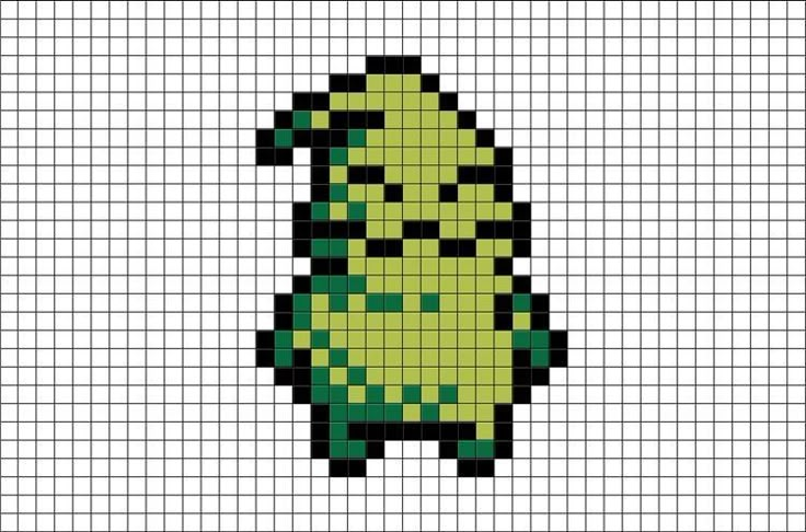 a pixellated image of a green and black object on a white gridded background