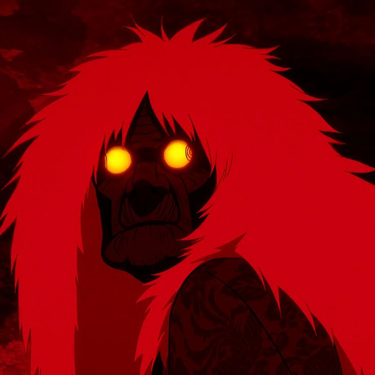 a cartoon character with red hair and glowing eyes, staring at the camera in front of a dark background