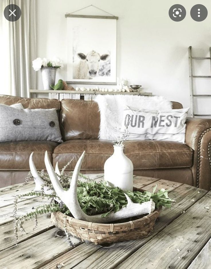 a living room filled with furniture and a deer head on top of a wooden table