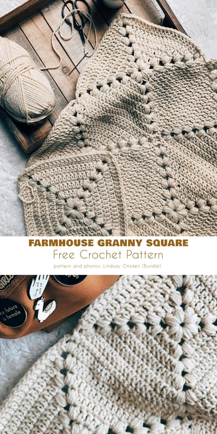 the crochet granny blanket pattern is shown in two different sizes and colors, with text overlay that reads farmhouse granny square free crochet pattern