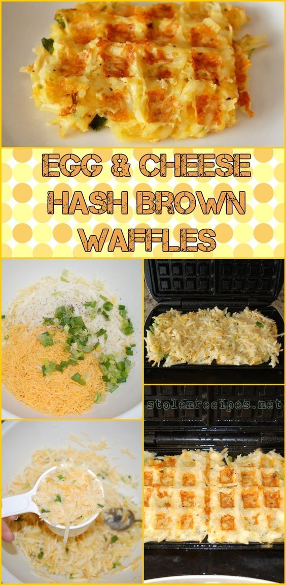 egg and cheese hash brown waffles collage with text that reads egg and cheese hash brown waffles