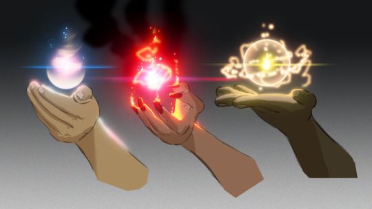 two hands holding an object with glowing light coming out of it and another hand reaching for something