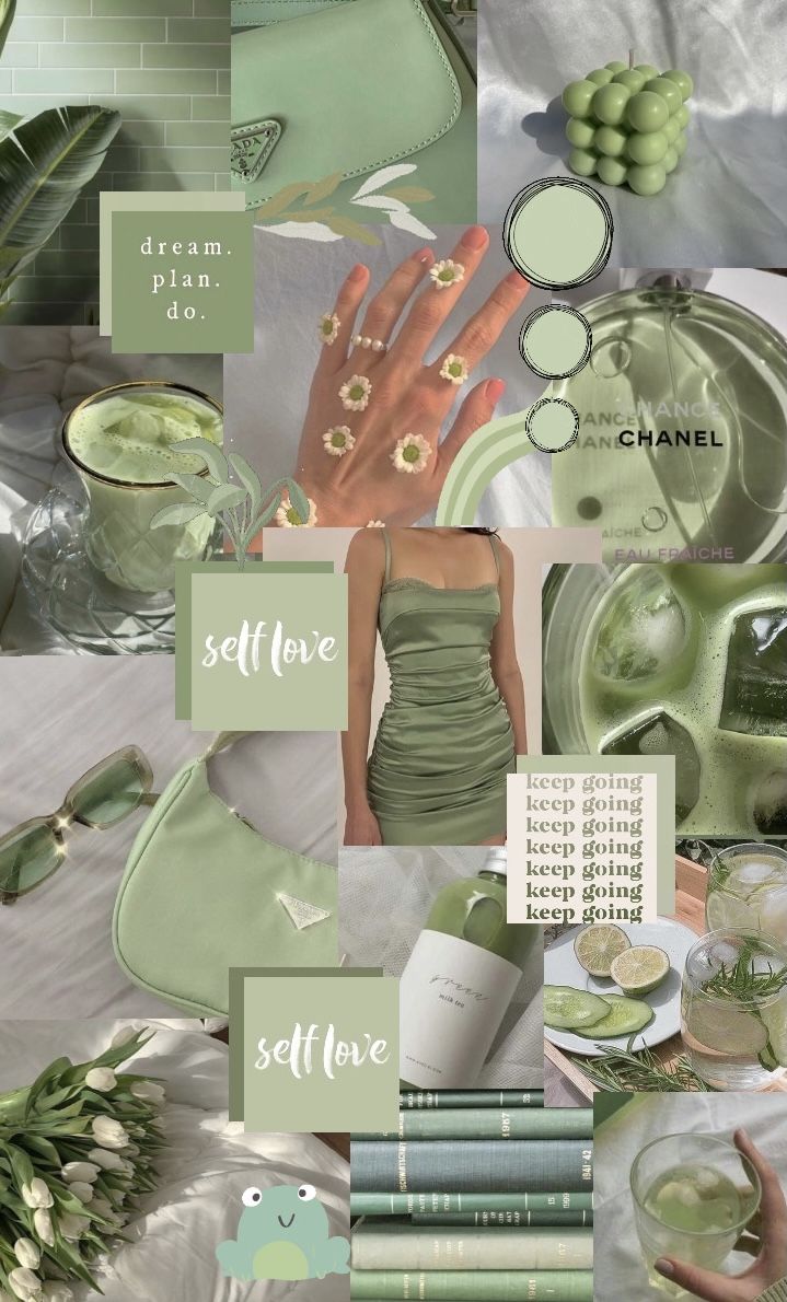 a collage with green and white colors