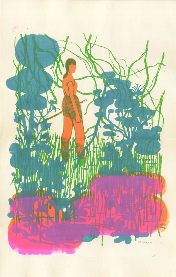 a drawing of a person standing in front of trees and bushes with blue, pink, green, and orange colors