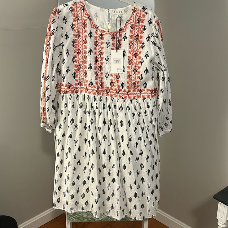 Nwt. Bew Condition. Embroidered Top And Sleeves White Floral Embroidered Dresses For Fall, Casual Fitted Embroidered Dress For Fall, Red Long-sleeved Embroidered Cotton Dress, Casual Fall Midi Dress With Floral Embroidery, Casual Floral Embroidered Midi Dress For Fall, Red Long Sleeve Embroidered Cotton Dress, Casual Spring Embroidered Tunic Dress, White Tunic Fall Dresses, White Tunic Dress For Fall