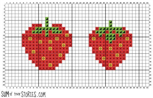 two cross stitch strawberries on each other with the same pattern in red and green