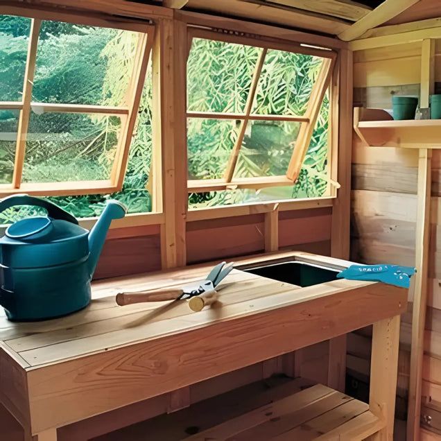 a wooden table with a teapot on it in front of a window and shelves