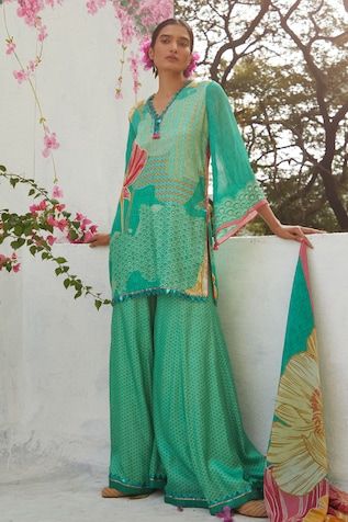 Aqua gajji satin kurta with floral print and sequins embroidery. Comes with sharara and an organza dupatta. - Aza Fashions Bohemian Cutdana Sharara For Eid, Pista Green Bohemian Sets With Dupatta, Bohemian Pista Green Sets With Dupatta, Bohemian Pista Green Set With Dupatta, Bohemian Pista Green Sets For Eid, Bohemian Sharara With Dabka For Diwali, Bohemian Dabka Sharara For Diwali, Bohemian Blue Sharara With Cutdana, Bohemian Green Sharara With Cutdana