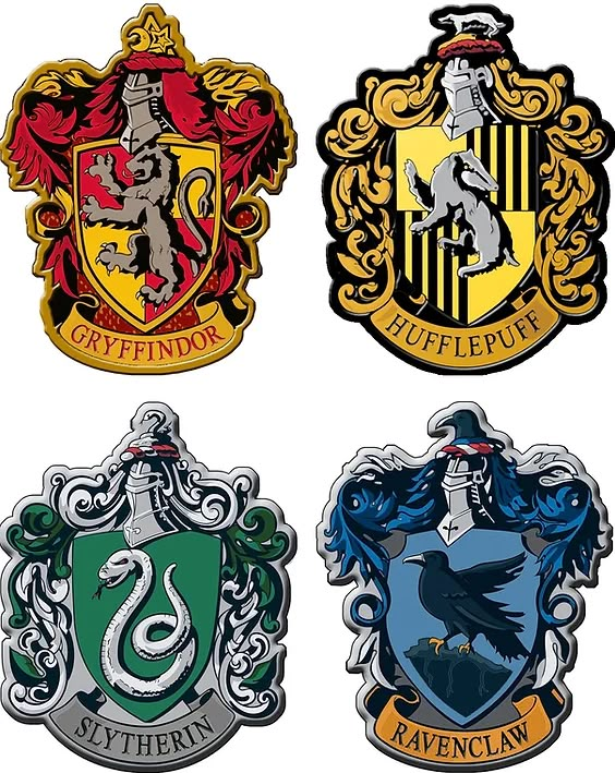 harry potter house crests are shown in four different colors