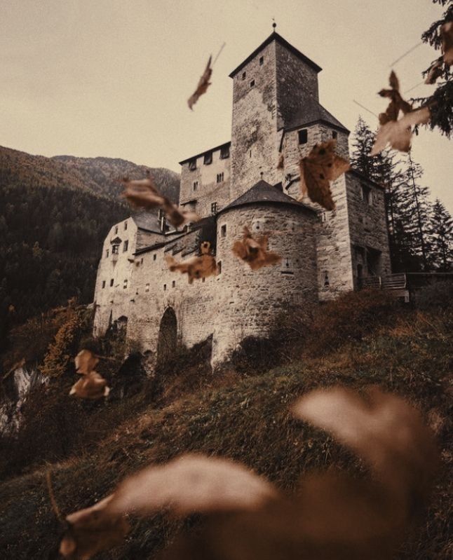 an old castle with leaves flying in the air