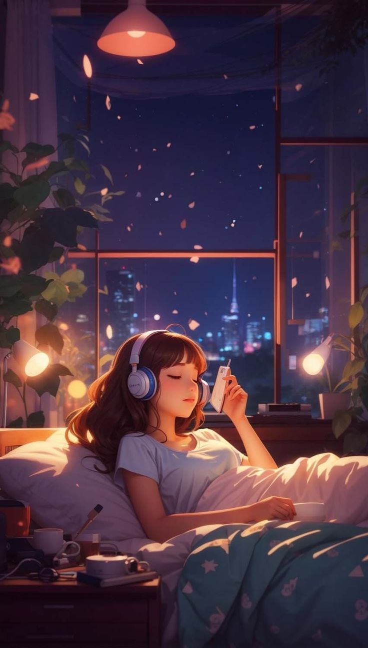 a woman laying in bed with headphones on and looking out the window while listening to music