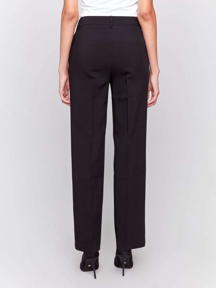 Transform your wardrobe with our chic black pants, expertly designed for the contemporary woman. These pants showcase a trendy straight leg fit and a flattering high-rise waist, ensuring both sophistication and comfort. With just the right amount of stretch, they're perfect for all-day wear. Ideal for office hours or an evening out, these versatile pants are a must-have addition to any wardrobe. Straight leg design Long length Belt loops and 2 front pockets Stretch fabric High-rise waist Black Straight Silhouette Pants For Office, Tailored Black Pants With Straight Silhouette, Black Tailored Straight Silhouette Pants, Tailored Black Straight Pants, Chic Black Pants With Straight Silhouette, Tailored Ankle-length Black Pants, Black Elastane Business Pants, Black Straight Pants For Business Casual, Black Straight Silhouette Pants For Work