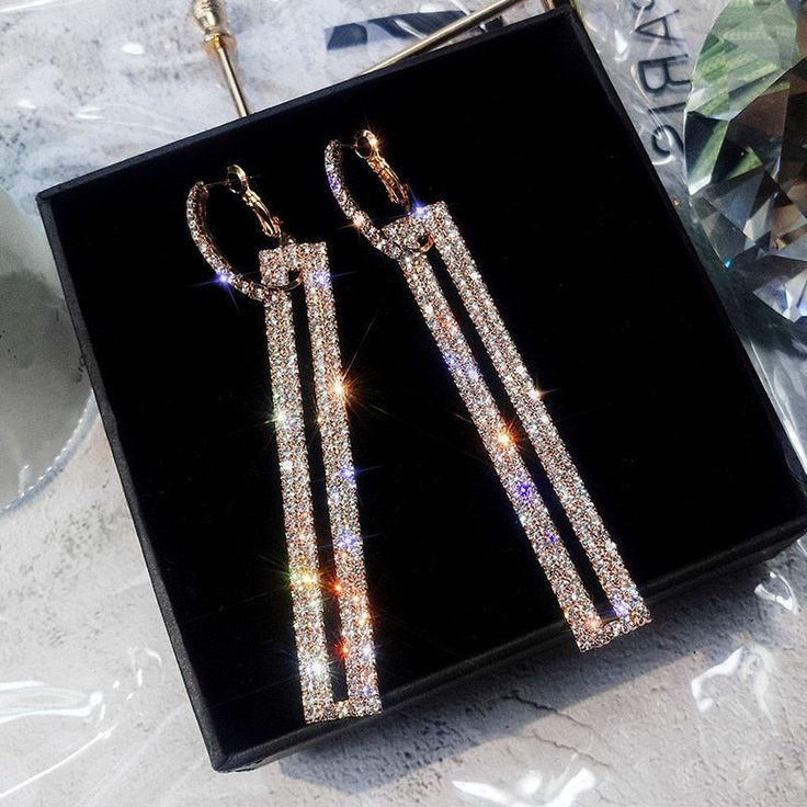 Blair Rhinestone Long Rectangle Drop Earrings Rectangular Earrings, Rectangle Earrings, Long Drop Earrings, Gold Rhinestone, Silver Rhinestone, Geometric Earrings, Rose Gold Earrings, Rhinestone Earrings, Jewelry Party