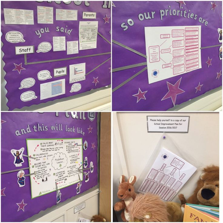 four different pictures of purple bulletin boards and stuffed animals