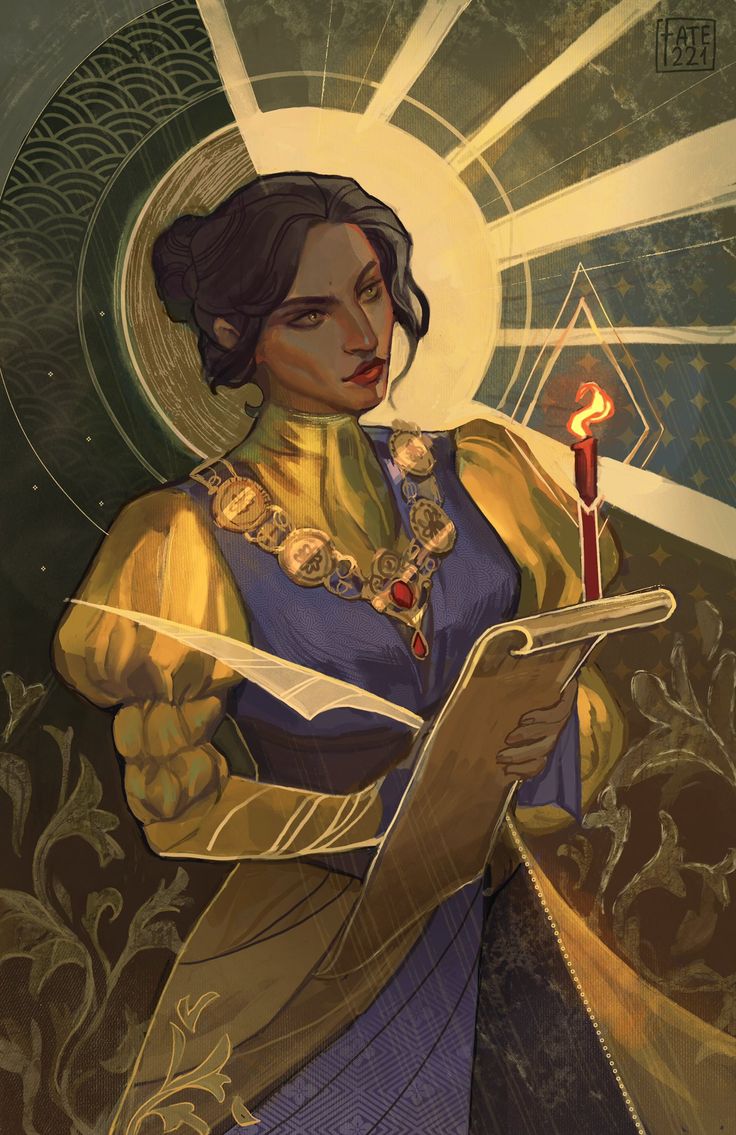 a painting of a woman holding a book and a lit candle in her right hand