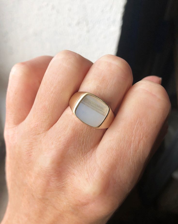 Classic Signet Ring With Rectangular Gemstone, Elegant White Gemstone Signet Ring, Modern White 14k Gold Signet Ring, Minimalist White 14k Gold Signet Ring, Timeless White Signet Ring, White 14k Gold Signet Ring For Fine Jewelry, Classic White Opal Ring With Polished Finish, White 14k Gold Signet Ring In Fine Jewelry Style, White 14k Gold Signet Ring Fine Jewelry