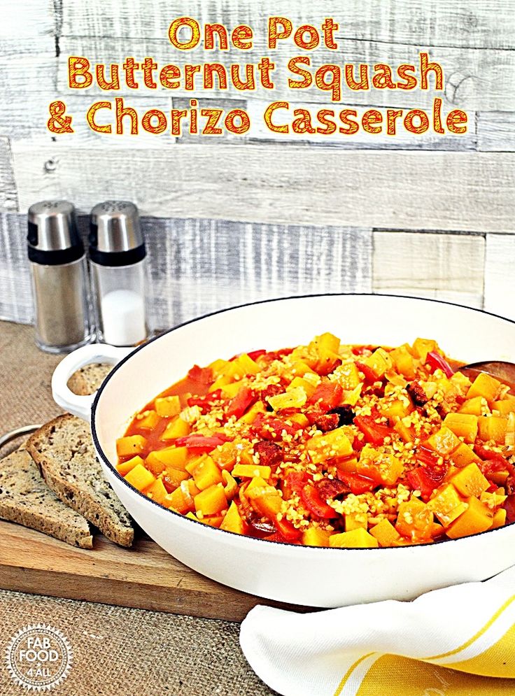 one pot butternut squash and chorizo casserole in a white bowl