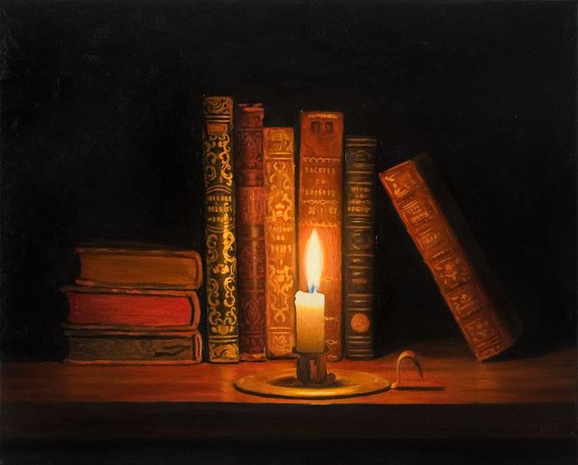 a painting of books and a candle on a table