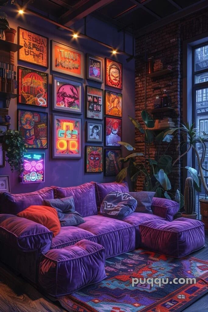 a living room filled with purple couches and pictures on the wall