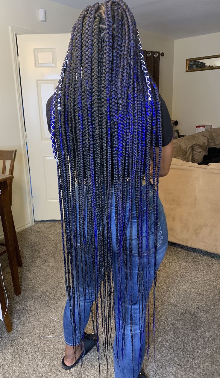 Calf length box braids #nipseyhussle #boxbraids #blue #calflength Calf Length Braids, Dark Blue Knotless Braids, Blue And Black Box Braids, Black And Blue Braids, Blue Knotless Braids, Blue Knotless, Female Braids, Blue And Black Braids, Braid Colors