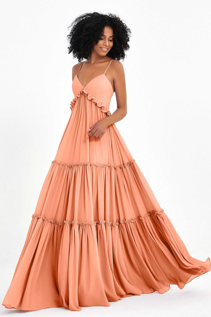 Flowy Prom Dress With Ruffled Straps, Flowy Dress With Ruffled Straps For Prom, Elegant Evening Dress With Ruffles And Spaghetti Straps, Elegant Evening Dress With Spaghetti Straps And Ruffles, Elegant Spaghetti Strap Evening Dress With Ruffles, Chiffon Ruffle Maxi Dress For Prom, Chiffon Maxi Dress With Ruffles For Prom Season, Tiered Ruffle Evening Dress For Prom, Evening Dresses With Spaghetti Straps And Ruffled Skirt