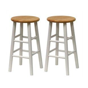 two white stools with wooden seat tops on a white background, set of 2