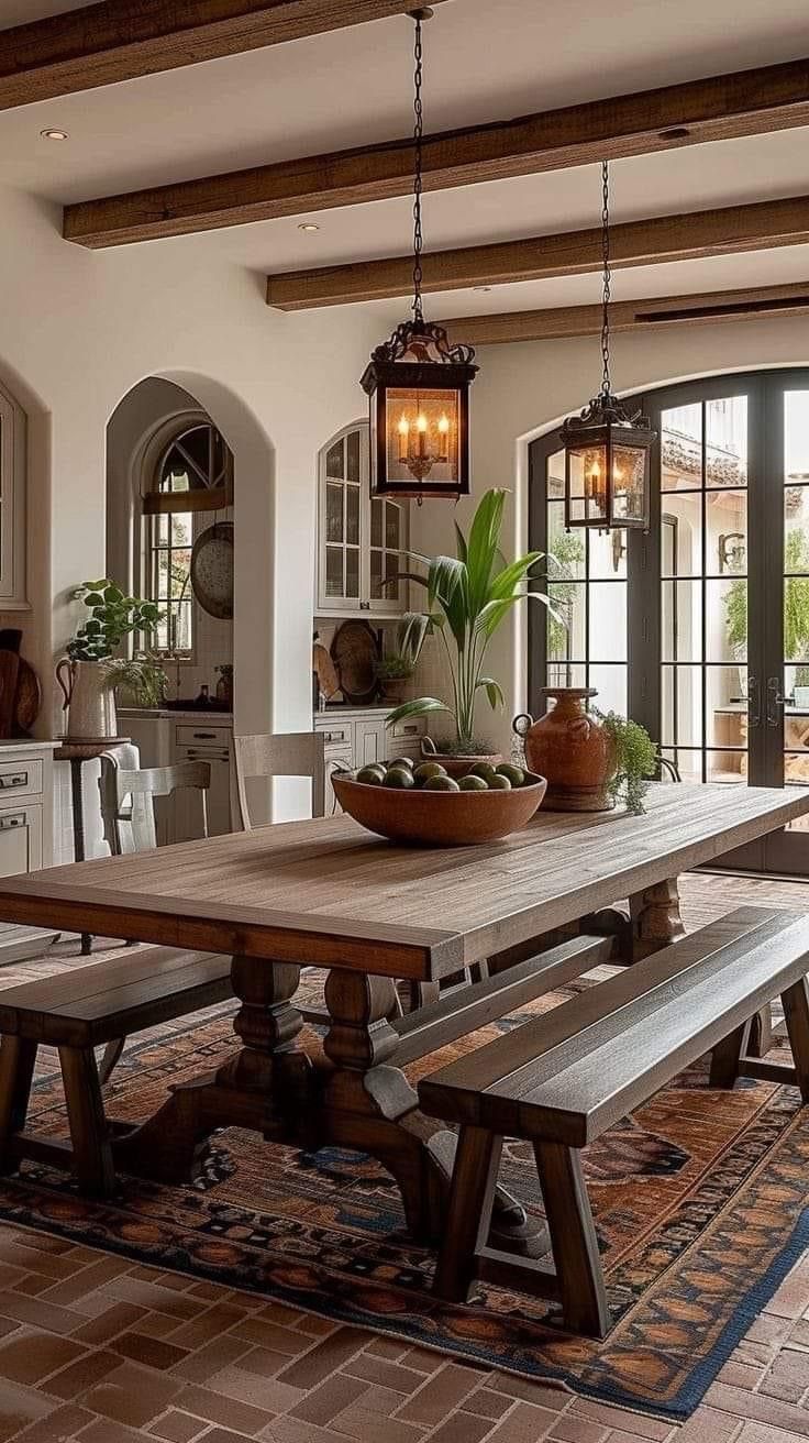 a dining room table with benches and potted plants