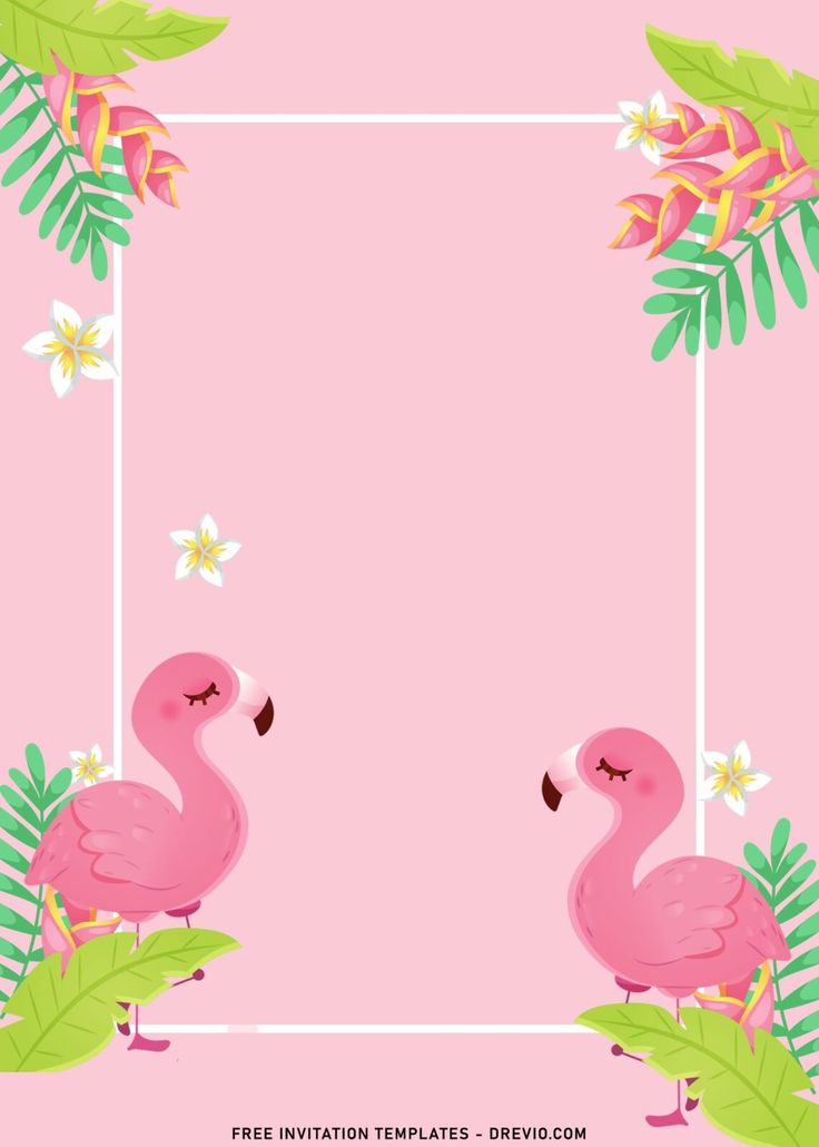 two pink flamingos with tropical leaves and flowers in the frame on a pink background