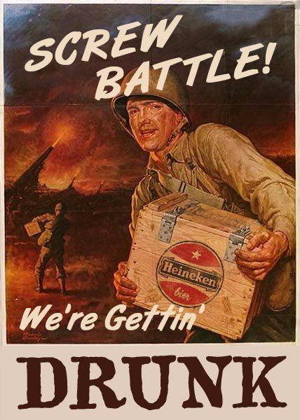 an old poster with a man holding a crate in his hand and the words screw battle, we're getting drunk