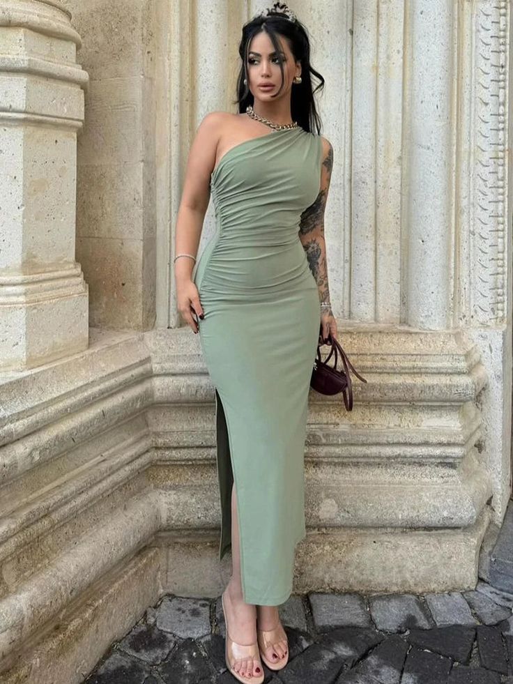 45704807907580|45704807940348|45704807973116 Spandex Maxi Dress, Green Sheath Sleeveless Dress For Party, Green Ruched Sleeveless Party Dress, Green Sleeveless Maxi Dress For Club, Slim Fit Dresses Women, Straight Dresses For Women, Elegant Party Dresses, Slim Dress, Split Maxi Dress