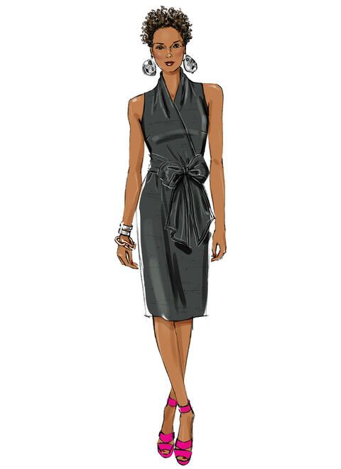 a drawing of a woman in a gray dress with pink shoes and accessories on her feet