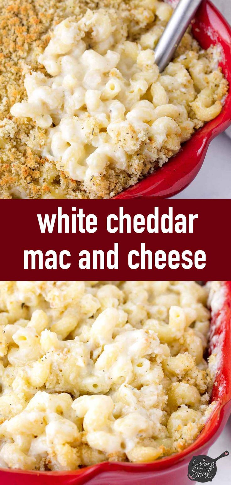 white cheddar mac and cheese in a red dish