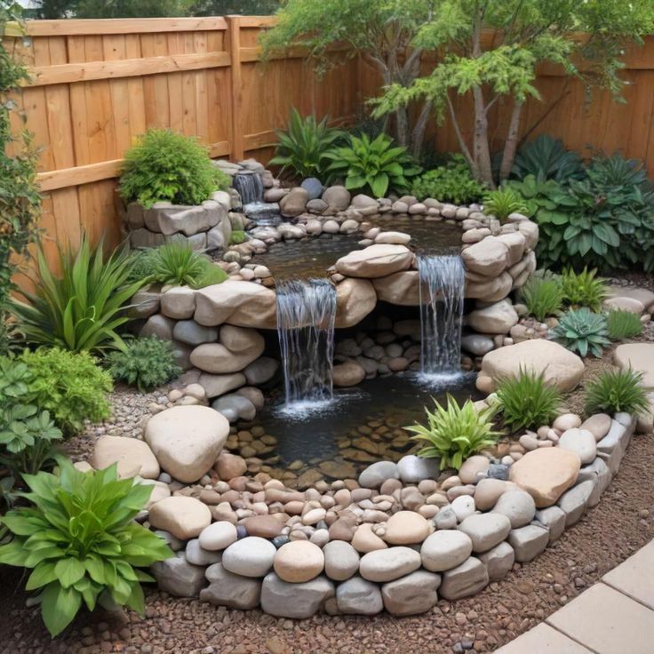 a small pond surrounded by rocks and plants