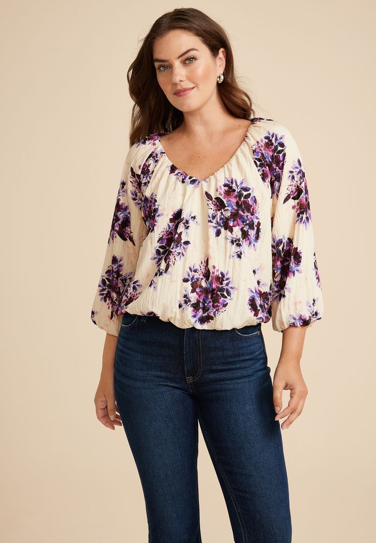 Floral 3/4 Sleeve Bubble Hem Blouse - Materials & Care:imported - 85% rayon 15% nylon - machine wash Spring 3/4 Sleeve Rayon Blouse, Fall 3/4 Sleeve Rayon Tops, Fall Rayon Tops With 3/4 Sleeves, Chic Rayon Tops With 3/4 Sleeve, Spring Rayon Blouse With 3/4 Sleeves, Rayon Tops With 3/4 Sleeves For Fall, Spring Tops With Flowy Fit And 3/4 Sleeves, Spring Flowy Tops With 3/4 Sleeves, Casual Rayon Tops With 3/4 Sleeves