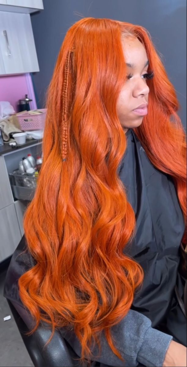 Orange Wig Outfit, Orange Wig Install, Ginger Sew In Weave, Orange Frontal Wig, Ginger Wig Hairstyles, Ginger Frontal Wig, Ginger Wig Install, Ginger Frontal, Hair Color Ideas Vibrant