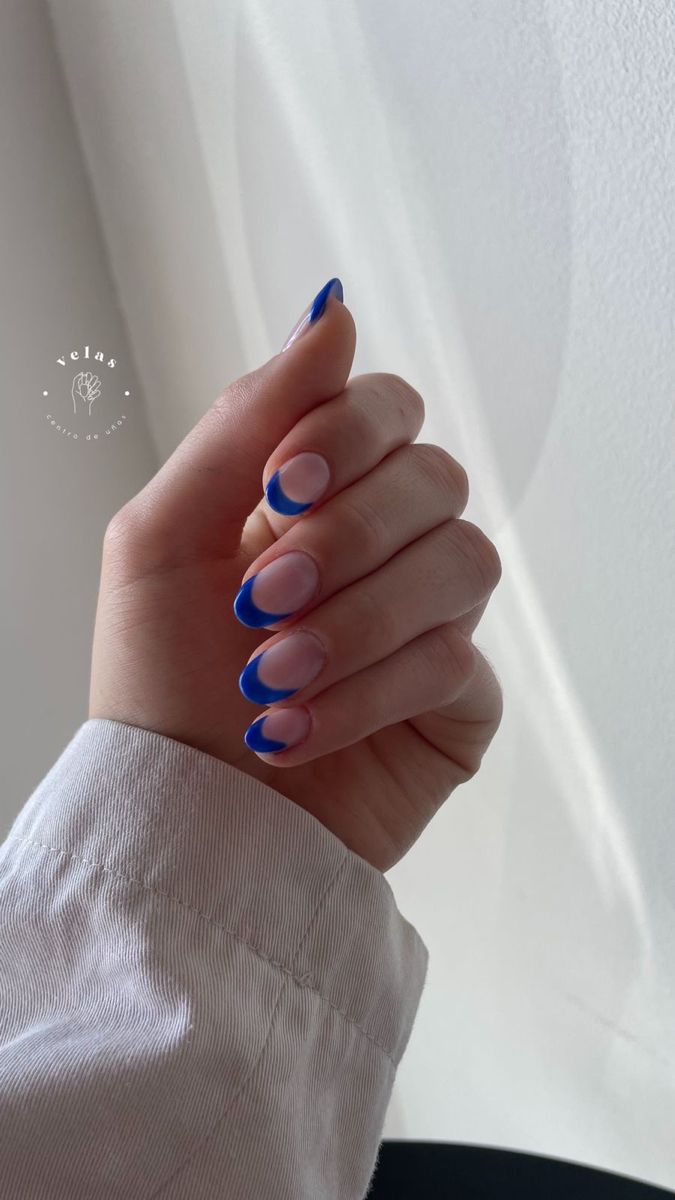 Royal Blue Acrylic Nails Round, Cobalt Blue Tip Nails, Short Sapphire Blue Nails, Cobalt Blue French Tip Nails Almond, Cobalt French Nails, Bahama Blue Nails, Summer Nails Electric Blue, Dark Blue Nail Inspo Short, Royal Blue Almond French Tip