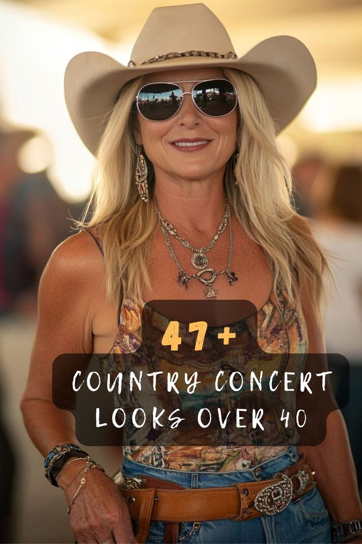 Discover 47 timeless outfits for a country concert that are perfect for those over 40. Featuring classic denim, stylish boots, and rustic charm, these looks are both comfortable and chic. Click to explore these fashion inspirations and find your perfect concert ensemble! 🤠🎶👢 #CountryConcertStyle #FashionOver40 #TimelessLooks #DenimAndBoots #ConcertChic #RusticFashion #Over40Inspo Casual Country Bar Outfit, Rhinestone Country Outfit, Women Rodeo Outfit Ideas, Beach Country Concert Outfit, Outfits For A Country Concert, Country Line Dancing Outfit, Cowboy Hat Outfit Woman, Country Bar Outfit, Country Concert Outfit Ideas