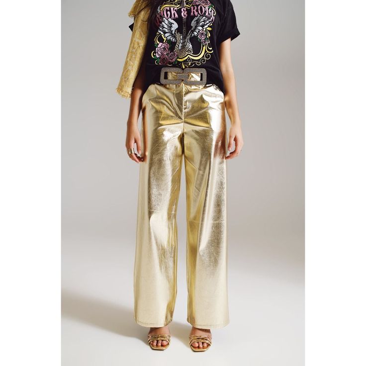 Shiny Wide Leg Bottoms For Spring, Spring Wide Leg Shiny Bottoms, Wide Leg Shiny Bottoms For Spring, Glamorous Shiny Bottoms For Spring, Chic High Waist Shiny Pants, Trendy Shiny Wide Leg Bottoms, Trendy Shiny Wide-leg Bottoms, Metallic Shiny Spring Pants, Trendy Metallic Shiny Bottoms